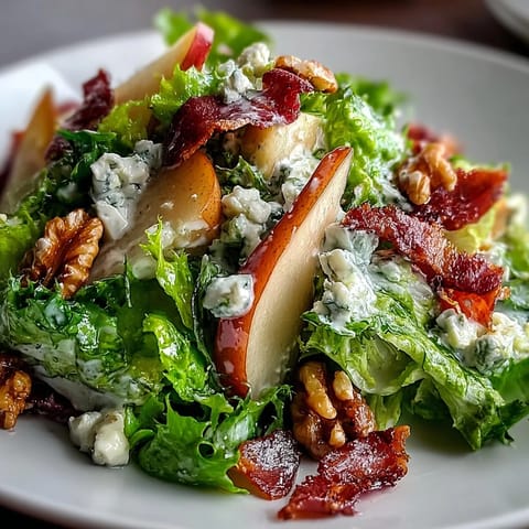 Bright and airy photo of Frisée, Pear, Blue Cheese, and Crispy Prosciutto Salad on a rustic board, highlighting glistening vinaigrette and elegant, light lunch plating.