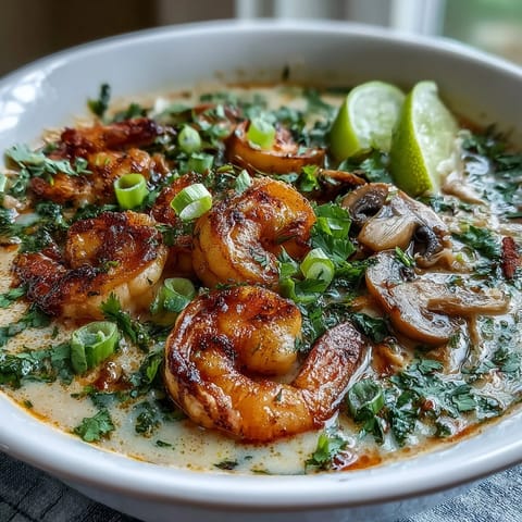 Spoonful of Thai Coconut Shrimp Soup lifted from the bowl, showing succulent shrimp, tender mushrooms, and fresh cilantro garnish over the coconut broth.