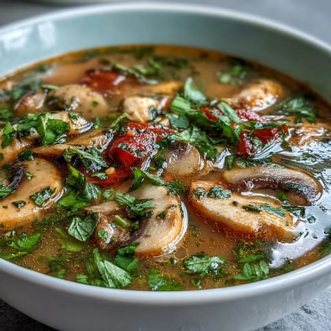 Close-up of vibrant Tom Yum Gai featuring juicy chicken slices, oyster mushrooms, and lime wedges beside a steaming aromatic Thai broth.