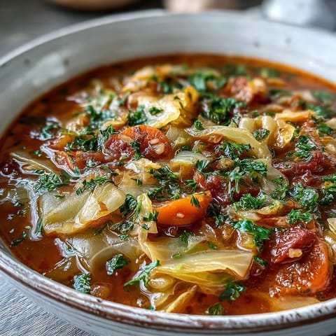 Steaming Classic Cabbage Soup in a rustic bowl, showing chopped carrots and celery in the savory broth.