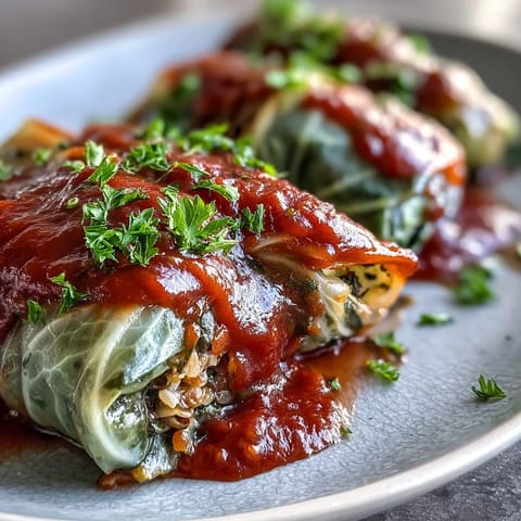 Tender cabbage leaves stuffed with lentils and rice, smothered in savory tomato sauce.