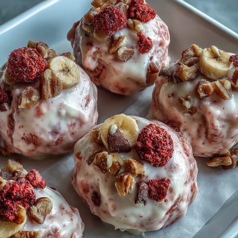 A hand holds a Greek yogurt cluster loaded with freeze-dried strawberries and crunchy banana chips.