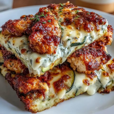 Savory High Protein Chicken Zucchini Bake fresh from the oven, featuring a cheesy, golden crust and tender chicken pieces perfect for a low-carb dinner.