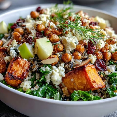 Fall Harvest Bowl with kale, roasted sweet potatoes, Brussels sprouts, and crunchy chickpeas.