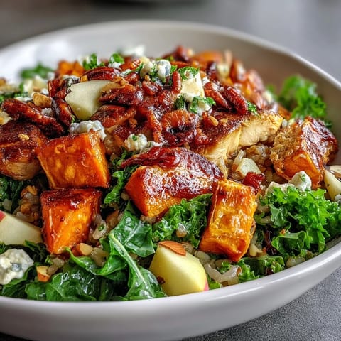 Close-up of a colorful Harvest Bowl with kale, roasted sweet potatoes, tender sliced chicken, diced apple, almonds, and goat cheese, drizzled with balsamic dressing.