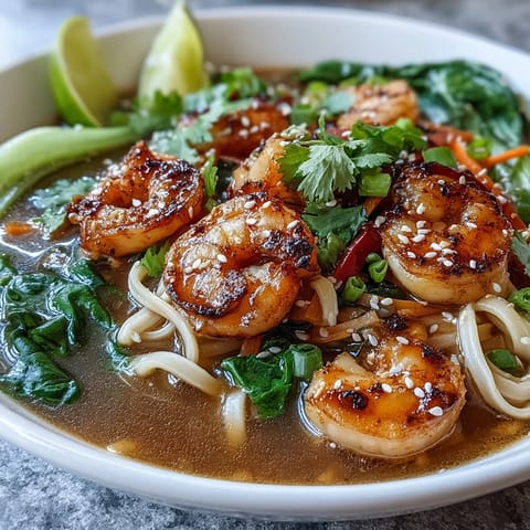 Fragrant Asian Noodle Bowl with Shrimp and Scallops garnished with lime wedges, cilantro, and toasted sesame seeds beside chopsticks.