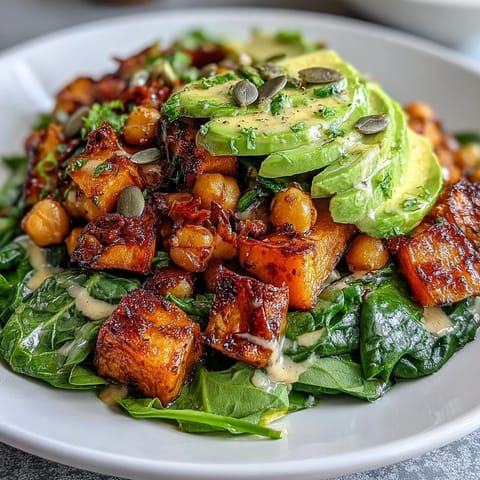 Hearty vegan dinner bowl filled with roasted sweet potatoes, crispy chickpeas, garlicky spinach, and smoky chipotle tahini dressing.