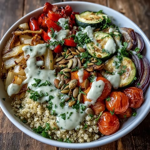 Freshly roasted bell peppers, zucchini, and red onion top fluffy quinoa in this vibrant Roasted Vegetable Quinoa Bowl.