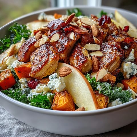 Cubed sweet potatoes roasting beside seasoned chicken breasts for a Fall Sweet Potato Harvest Bowl, ready to assemble with apple and kale.
