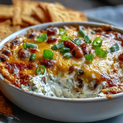 Bubbling hot Black-Eyed Pea Dip with golden cheese, served with crunchy tortilla chips for dipping.
