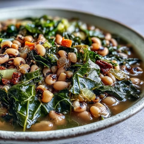 Rustic Dutch oven filled with tender Black-Eyed Peas With Collard Greens, simmered with smoked paprika and fresh greens.