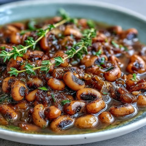 An overhead shot of the Frozen Black-Eyed Peas Quick Version, garnished with fresh parsley and served beside golden cornbread.