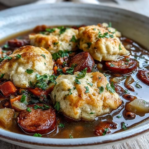 Fork-tender sausage and creamy black-eyed peas bubble in a savory broth beneath golden cornmeal and buttermilk dumplings in this hearty Black-Eyed Peas and Sausage Dumplings stew.