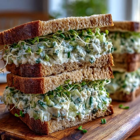 Whole-grain bread holds a creamy Greek yogurt and cucumber salad mixture, topped with fresh alfalfa sprouts and red onion slices.