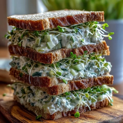 Freshly assembled Easy Cucumber Salad Sandwiches feature diced cucumbers in herbs and feta, ready to serve on rustic wooden plates.