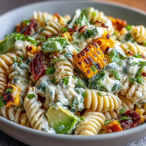 Creamy Street Corn Pasta Salad tossed with romaine and avocado, drizzled with chili butter and lime mayo for summer gatherings.