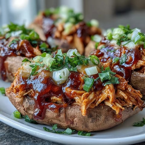 Golden roasted honey BBQ chicken stuffed sweet potatoes with melted cheddar and fresh green onions.