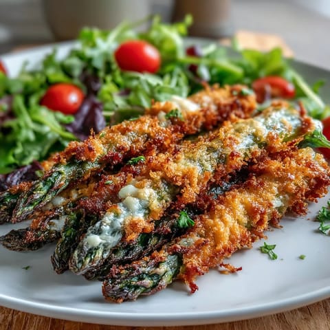 Golden-brown Crispy Parmesan Asparagus Chicken Salad piled high on a white platter, topped with cherry tomatoes and fresh basil.