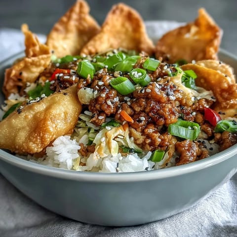 Golden crispy baked wonton strips piled high on ground chicken and crunchy cabbage, all served over fluffy rice in a Crispy Baked Egg Roll Chicken Bowl.