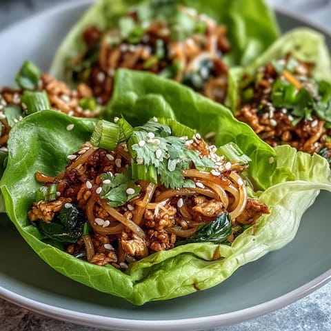 Tender ground turkey and noodles tossed in a savory sauce, served inside crisp butter lettuce cups for a fresh bite.