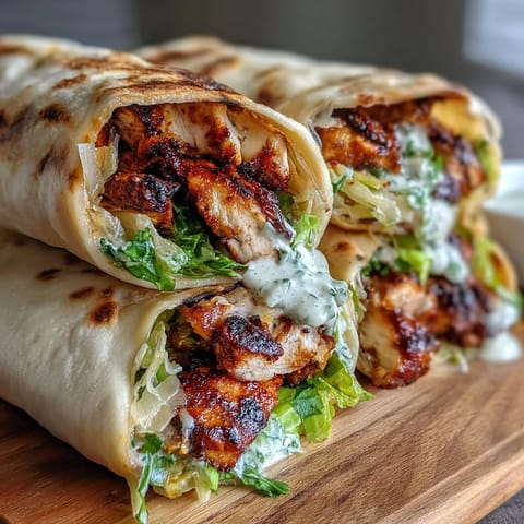 Juicy grilled chicken and fresh romaine fill warm garlic naan in this Garlic Naan Grilled Chicken Caesar Wraps recipe.
