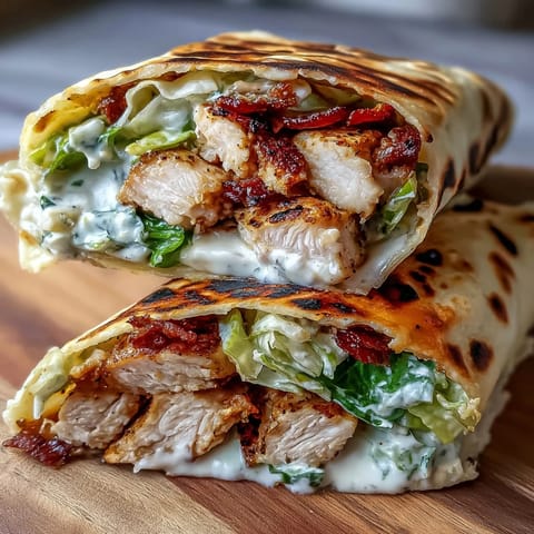 Juicy grilled chicken strips nestled in warm, garlicky Garlic Naan Grilled Chicken Caesar Wraps with crisp romaine and tangy Caesar dressing.