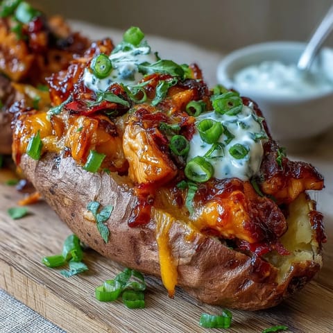 A close-up view of stuffed sweet potatoes topped with tangy sour cream, red onion, and cilantro garnish.