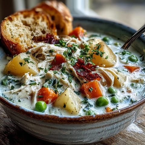A close-up of Creamy Chicken Pot Pie Soup with shredded rotisserie chicken, carrots, peas, and thyme in a rich broth.