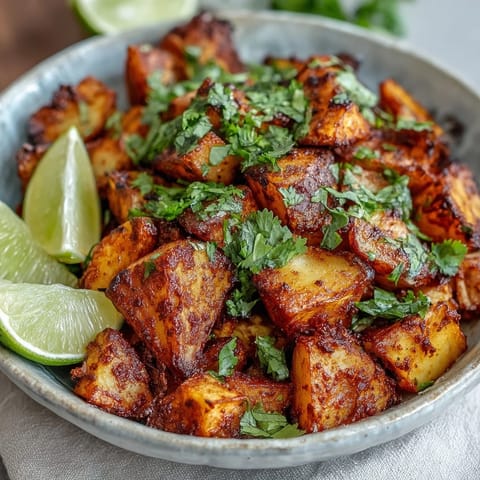 Crispy diced potatoes tossed in smoky Mexican spices and lime, garnished with fresh cilantro for bold street-style flavor.