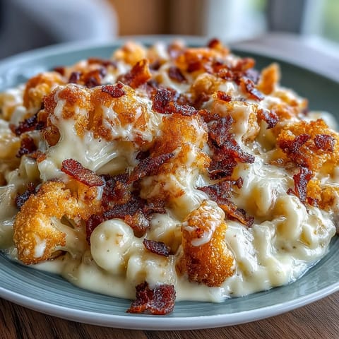 Creamy keto mac and cheese with roasted cauliflower and crispy bacon crumbs in a golden-baked casserole dish.  