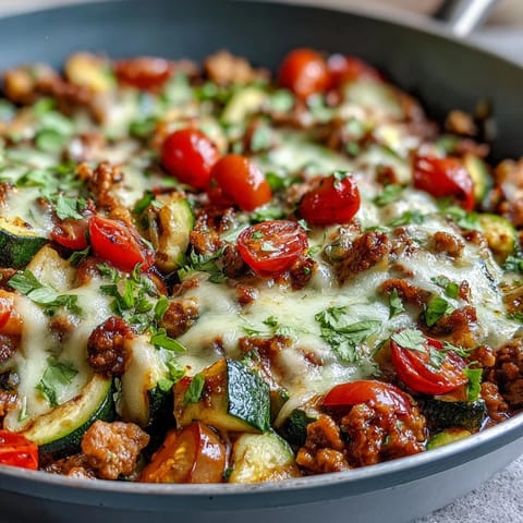 Healthy One-Pot Turkey Taco Zucchini Skillet featuring lean ground turkey and fresh zucchini.  