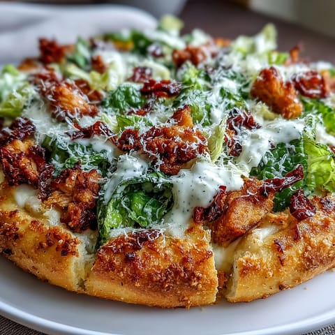Protein-packed chicken crust pizza layered with crisp romaine, creamy Caesar dressing, and Parmesan cheese.  