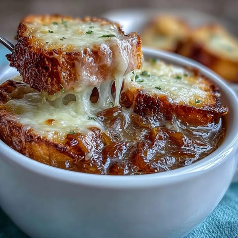 Savory caramelized onion soup served in a bowl with bubbling Gruyere-topped sourdough crostini, perfect for cozy dinner nights.  
