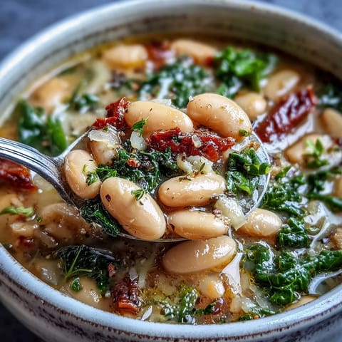 A steaming bowl of Tuscan white bean soup with kale, garnished with Parmesan and fresh parsley, perfect for a cozy dinner.