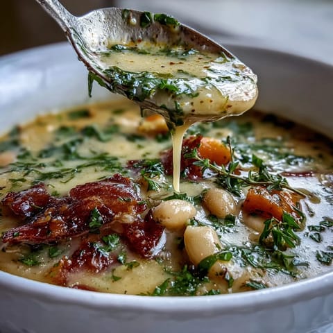 Creamy ham and white bean soup with fresh herbs, served in a rustic bowl with crusty bread on the side. A comforting winter meal.