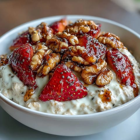 A jar of creamy overnight oats layered with fresh strawberries and crunchy candied walnuts, perfect for a wholesome breakfast.  