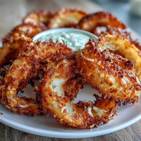 Light and crunchy air fryer onion rings with a savory Parmesan coating, paired with zesty homemade garlic dip.  