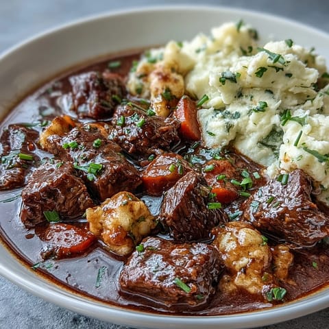 A bowl of lightened Irish beef stew featuring lean beef, carrots, and celery, topped with smooth cauliflower mash.  