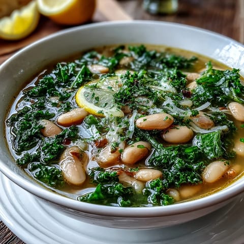 Hearty Tuscan white bean soup with kale and lemon zest in a rustic bowl, garnished with Parmesan and olive oil.  