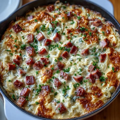 A comforting one-pan Creamy Cabbage and Ham Skillet, perfect for a quick low-carb dinner.