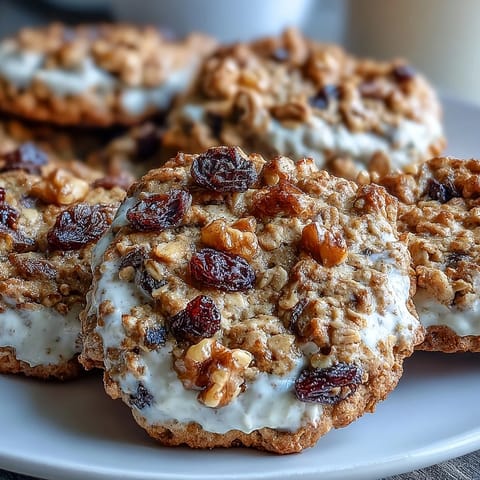 2. Chewy cottage cheese oatmeal raisin cookies with whole wheat flour, cinnamon, and walnuts for a nutritious morning treat.