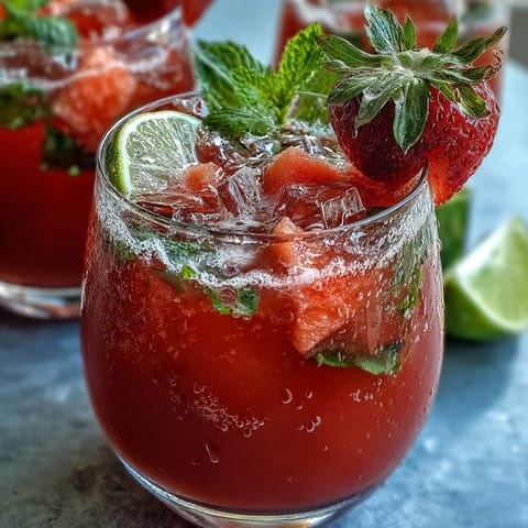 A vibrant Strawberry Watermelon Daiquiri Mocktail with fresh mint, served over ice with lime garnish for a refreshing summer sip.