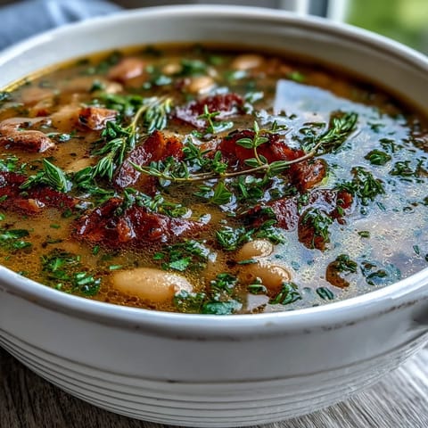 A comforting bowl of ham and cannellini bean soup, garnished with parsley, thyme, and rosemary for vibrant, fresh flavor.  