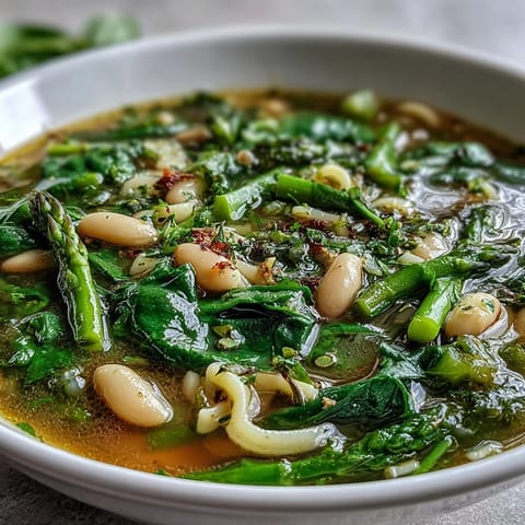 Hearty spring minestrone with white beans, seasonal vegetables, and al dente pasta, served in a rustic ceramic bowl.  
