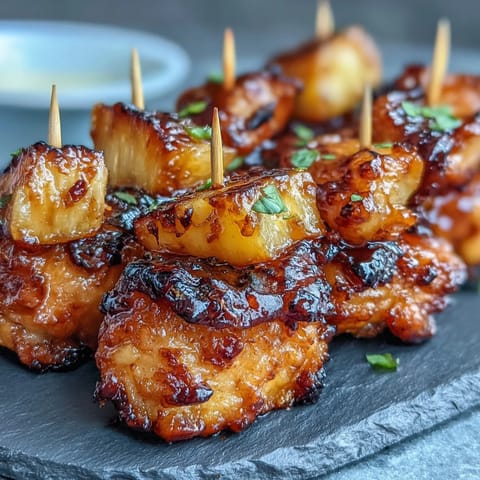Air Fryer Chicken Pineapple Bites are golden and juicy, with tender chicken and sweet pineapple chunks served on toothpicks for a perfect party appetizer.  