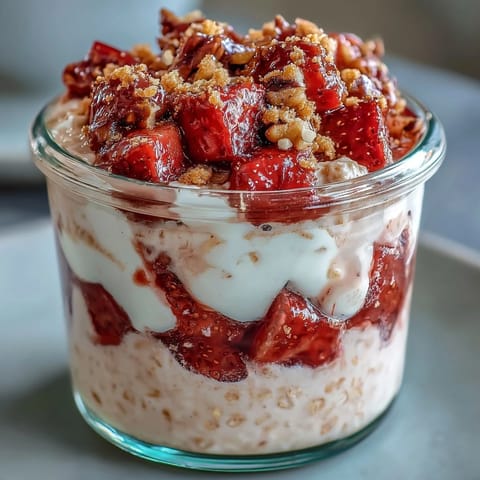 Velvety oats blended with cream cheese and vanilla, swirled with juicy strawberries and finished with a crunchy graham cracker crumble.