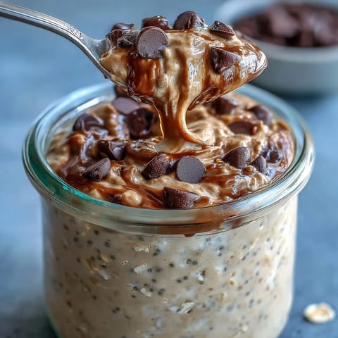 Creamy protein cookie dough overnight oats with chocolate chips and almond butter, a nutritious breakfast or post-workout snack.