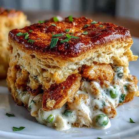 Creamy Chicken Pot Pie with Biscuit Topping served golden and bubbling from the oven.