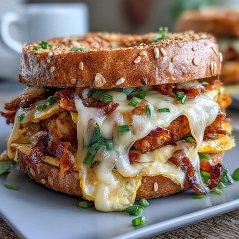 High-protein breakfast sandwiches featuring golden bagels layered with cheesy baked eggs, chives, and creamy spread for meal prep.