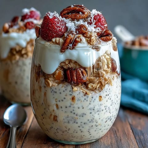 Healthy Easy Overnight Oats with Strawberry and Chia, topped with fresh strawberries and crunchy nuts, ready for a quick breakfast.